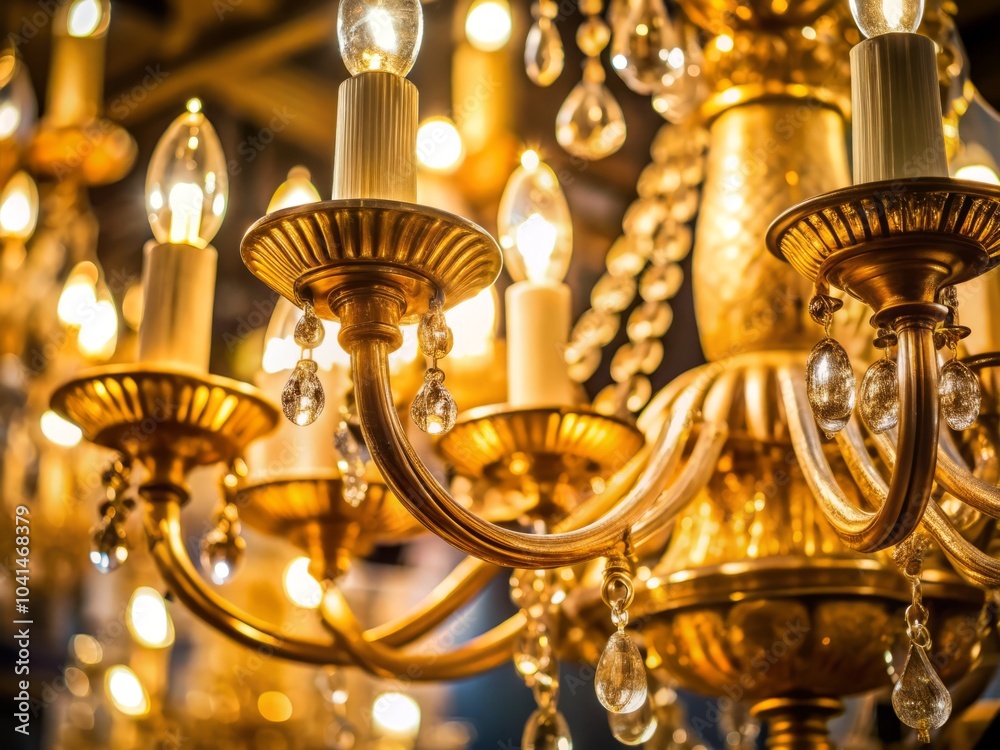 Fototapeta premium Stunning Macro Photography of a Gold Chandelier with Nine Lights, Capturing Intricate Details and Elegant Design for Interior Decor and Luxury Ambiance