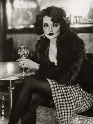 A woman dressed in a fur coat sits at a bar table with a glass of alcohol in her hand. Vintage black and white photograph from the 20s of the 20th century.