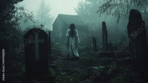 Scary ghost girl with a spectral aura emerging from a misty, abandoned cemetery with old, crumbling gravestones