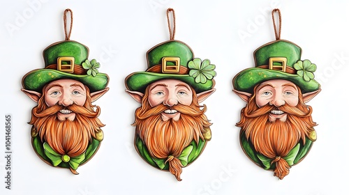 Smiling leprechaun faces with green hats and orange beards on white background photo