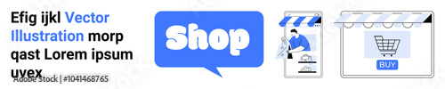Online shopping theme showing a storefront with an Open sign, a shopping cart icon, and a Shop speech bubble. Ideal for e-commerce, online retail, marketing, digital sales, and website design