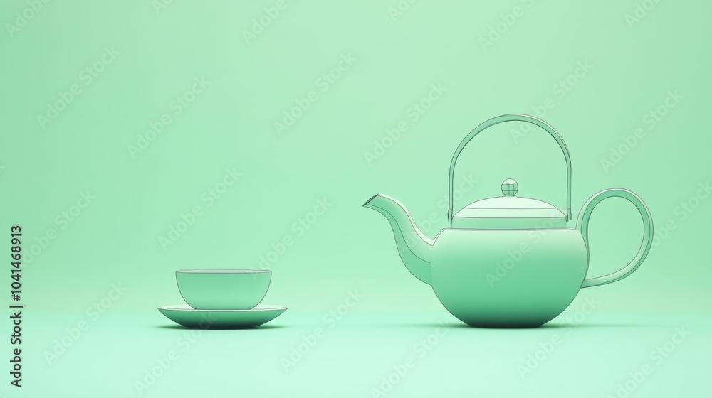 A simple line drawing showcases a teapot alongside a cup on a calming green background, creating a peaceful atmosphere for tea lovers. Generative AI A simple line drawing showcases a teapot alongside a cup on a calming green background, creating a peaceful atmosphere for tea lovers. Generative AI