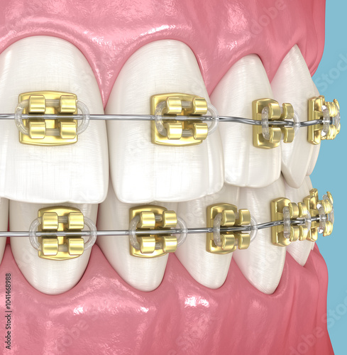 Dental braces placement, orthodontic treatment. Dental 3D illustration photo