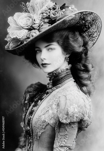 A beautiful young woman with lush hair, wearing an expensive dress and a large hat with flowers. Vintage black and white photograph from the mid-19th century.
