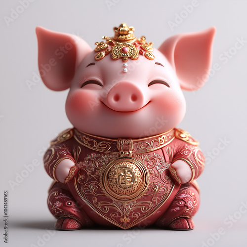 Smiling Chinese New Year Pig Figurine In Traditional Red And Gold.