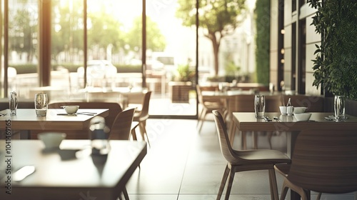 Modern cafe interior with sleek design and empty tables, no people, room for copy text