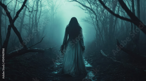 Eerie ghost girl with a disheveled appearance and a torn gown, set against a foggy, dark forest with twisted branches and an unsettling atmosphere.