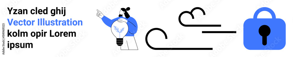 Cartoon character pointing to cloud and lock symbol. Ideal for online security, data protection, cloud storage, cybersecurity, privacy concerns. Landing page Cartoon character pointing to cloud and lock symbol. Ideal for online security, data protection, cloud storage, cybersecurity, privacy concerns. Landing page