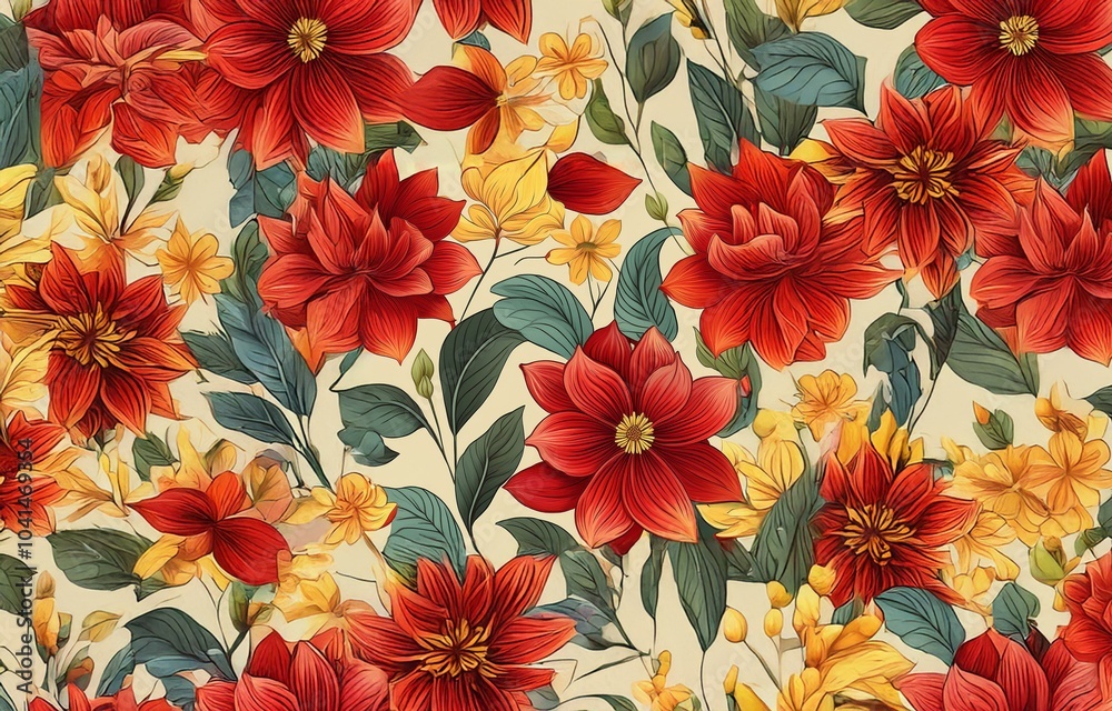 Red and yellow flowers with green leaves on a light background. Red and yellow flowers with green leaves on a light background.
