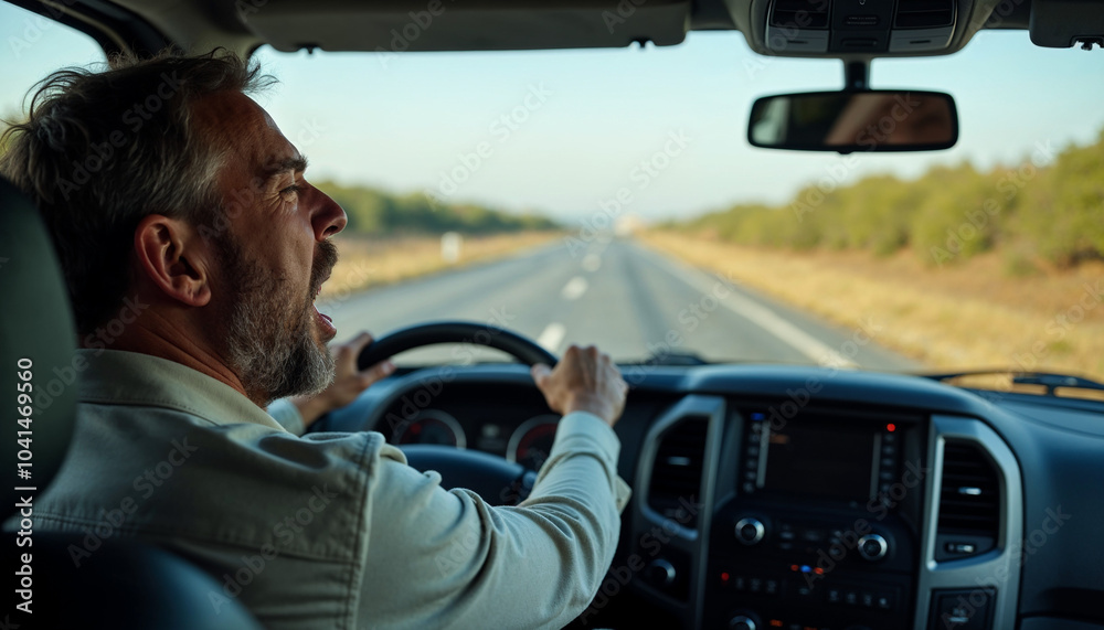 Exhausted truck driver yawning while driving his truck on the road, young truck driver, Exhausted truck driver yawning while driving his truck on the road, young truck driver,