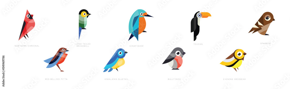 Obraz premium Different Bird Flat Icon with Name Vector Set