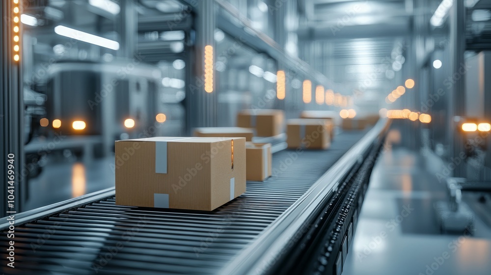 A cardboard box moves along a conveyor belt in a modern warehouse, highlighting the efficient processes of a distribution center. A cardboard box moves along a conveyor belt in a modern warehouse, highlighting the efficient processes of a distribution center.