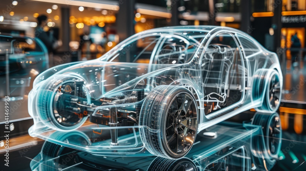 A striking transparent car model showcases intricate engineering details, captivating visitors at a bustling automotive exhibition in a sleek showroom A striking transparent car model showcases intricate engineering details, captivating visitors at a bustling automotive exhibition in a sleek showroom