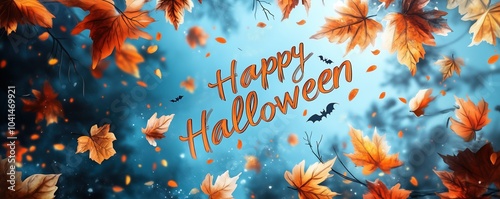 Happy Halloween lettering text on background with colorful fallen autumn leaves and bats, template for celebration event or party banner, poster, invitation, greeting card