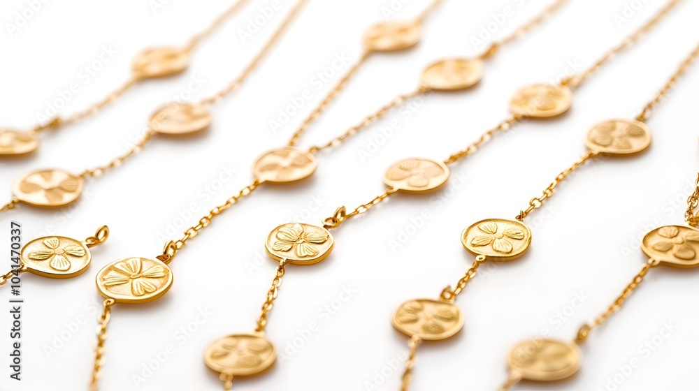 Fototapeta premium Elegant gold clover necklaces on white background with delicate chain details