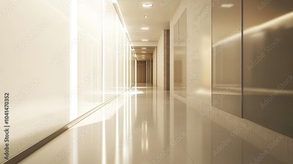 Modern hallway with glass partitions and sleek lighting, no people, ample space for text