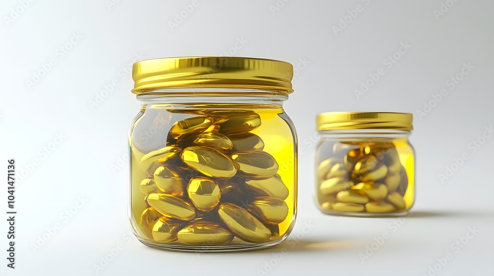 Shiny gold capsules in glass jars on minimalist background Shiny gold capsules in glass jars on minimalist background