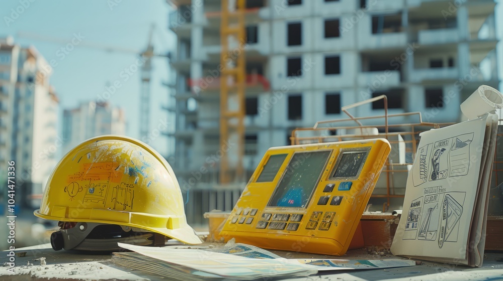A vibrant construction helmet and a control panel rest on a work surface, surrounded by blueprints, overlooking an active building site with cranes A vibrant construction helmet and a control panel rest on a work surface, surrounded by blueprints, overlooking an active building site with cranes