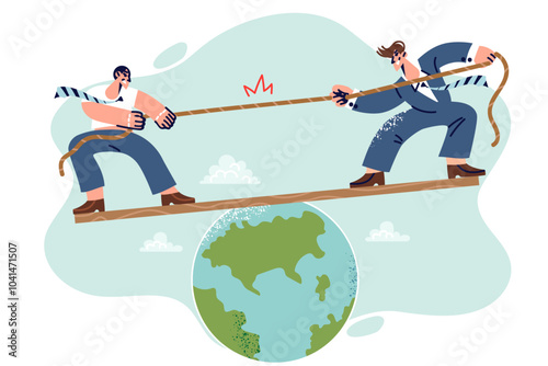 Political struggle between presidents of different countries, tug of war standing on planet earth