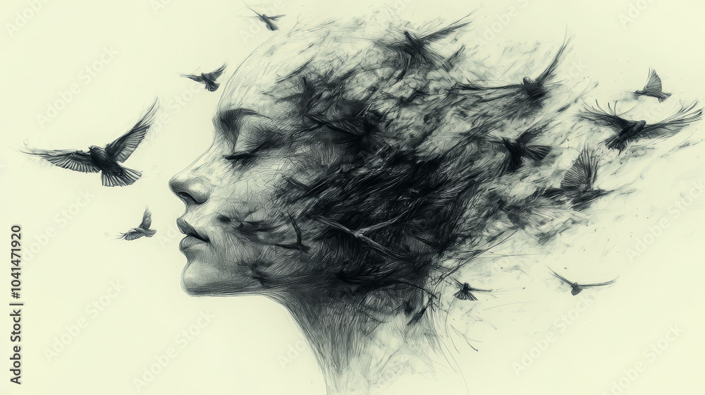 Birds Fly from Head Line Art Sketch Raster - Abstract Illustration in Monochrome Style Birds Fly from Head Line Art Sketch Raster - Abstract Illustration in Monochrome Style