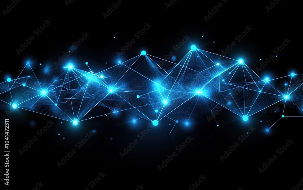 Fototapeta premium Abstract blue glowing network with connecting lines and dots on a black background.