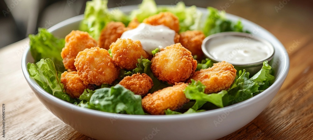 Fried Chicken Bites with Ranch Dressing and Lettuce Salad Fried Chicken Bites with Ranch Dressing and Lettuce Salad