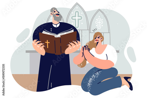 Woman prays on knees in church, next to priest reading bible and hearing sinner in confession