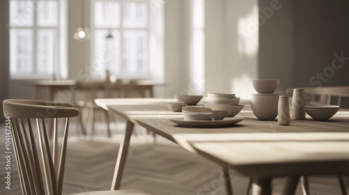 Scandinavian-style dining room featuring a wooden table and minimalist tableware