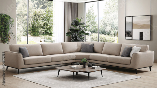 Modern living room with neutral-colored furniture, a sleek beige sofa, and a single large houseplant in the corner