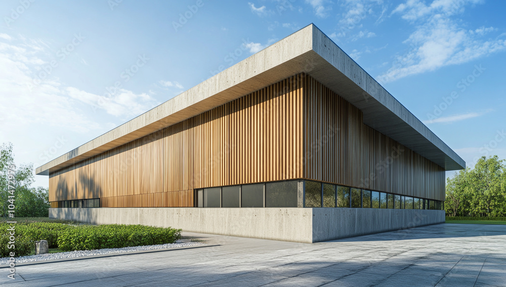 Modern house with wooden cladding and white concrete walls, exterior perspective, blue sky, modern architecture Modern house with wooden cladding and white concrete walls, exterior perspective, blue sky, modern architecture