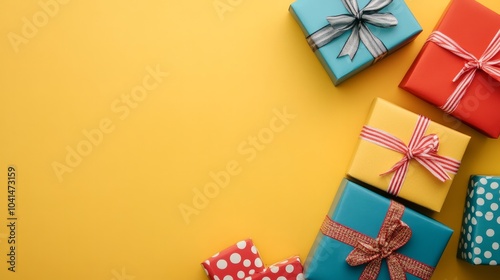 Gift boxes on a flat lay with a colored background