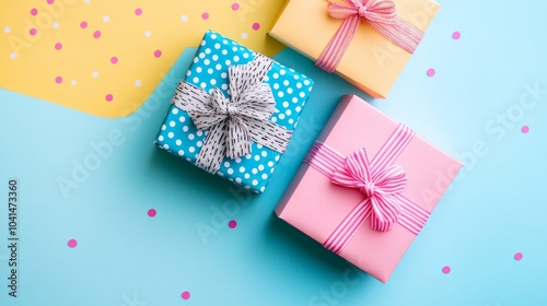 Gift boxes on a flat lay with a colored background
