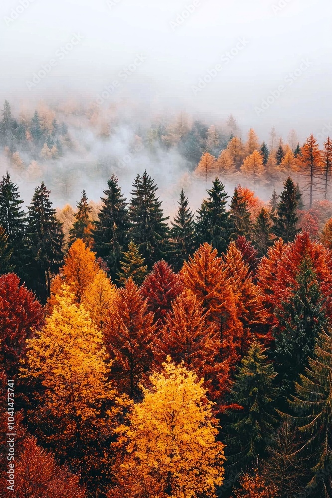 Autumn forest with orange and red trees, foggy weather, overcast sky. Autumn forest with orange and red trees, foggy weather, overcast sky.