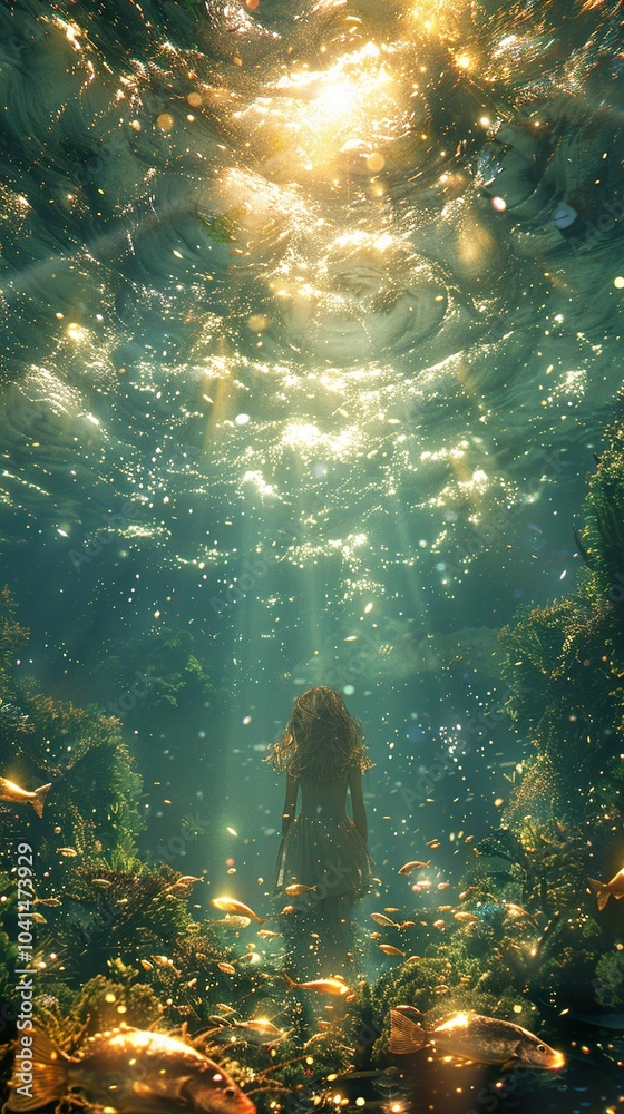Naklejka premium A Dreamy Underwater Scene with Sunlight and Fish