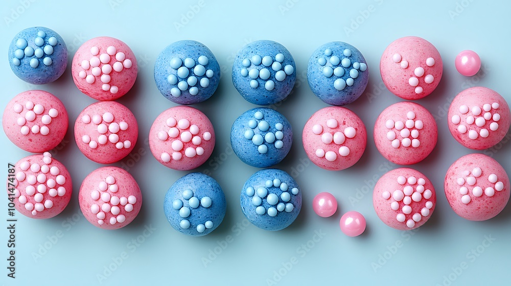 Blue and Pink Round Objects with White Dots Decorated on a Light Blue Background Blue and Pink Round Objects with White Dots Decorated on a Light Blue Background