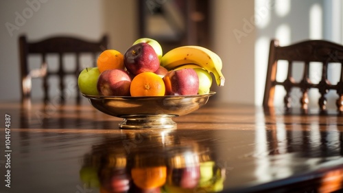 Morning Light Reflection on Polished Wooden Table with Fruit Bowl photo