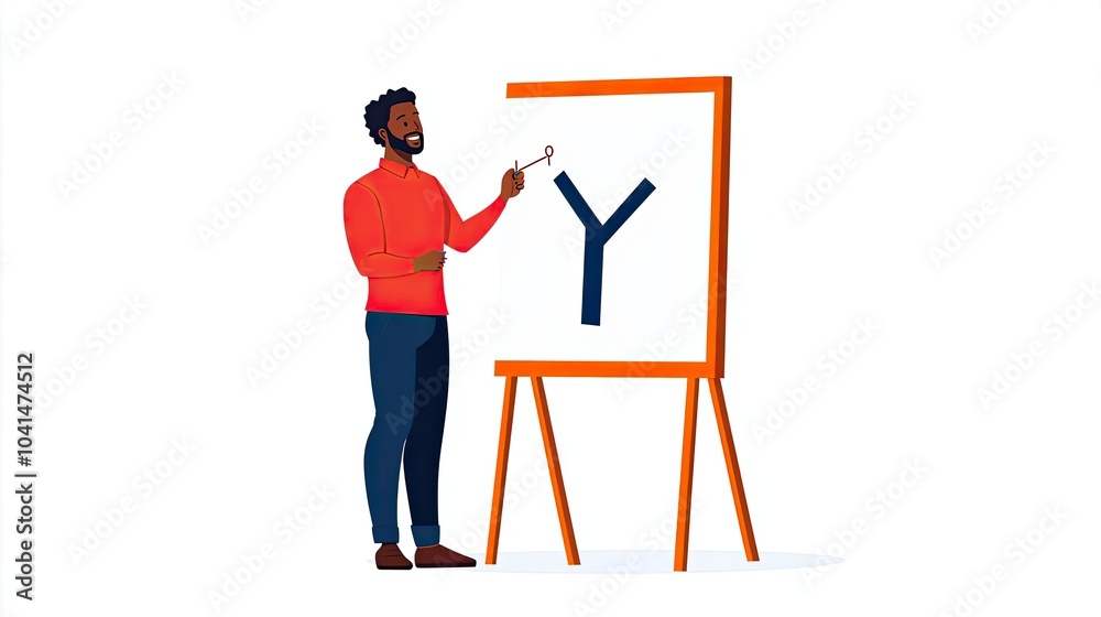 A man in a red sweater illustrates the letter Y on a flip chart, symbolizing education, learning, and creativity in a professional setting. A man in a red sweater illustrates the letter Y on a flip chart, symbolizing education, learning, and creativity in a professional setting.