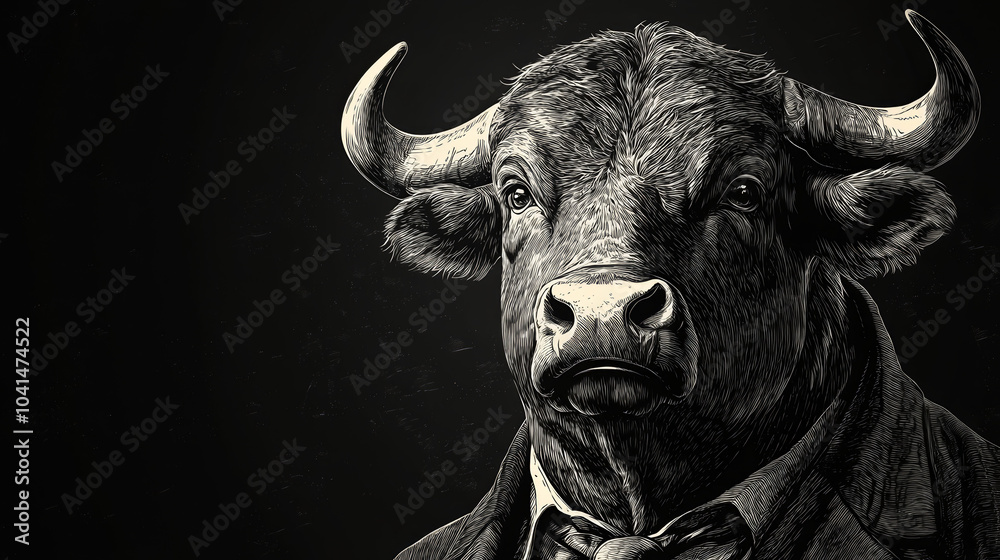 Naklejka premium Detailed Engraving of a Bull Head on a Stock Exchange Worker Businessman - Vintage Graphic Illustration