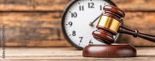 A judge's gavel resting on a wooden surface with a clock in the background, symbolizing justice and time management in legal proceedings.