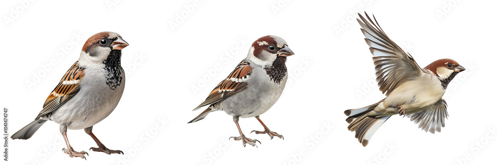 Obraz premium Set of a photorealistic sparrow standing, flying, isolated on a transparent background.