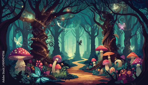 Mystical woodland with ancient trees lush vegetation and sparkling fairy lights background
