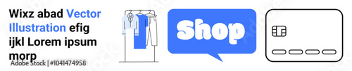 Clothing rack with blue items, speech bubble with text and a credit card symbol. Ideal for e-commerce, online shopping, fashion, retail, and digital payments. Landing page
