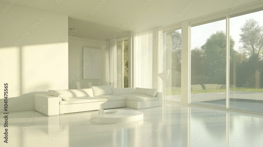 Fototapeta premium Modern living room with clean white furniture and large windows, no people, open space for text