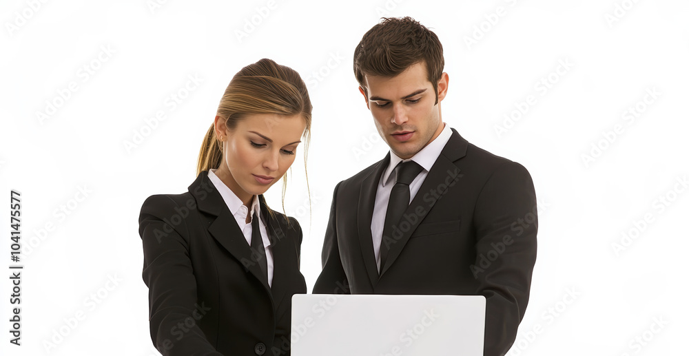 a businessman and businesswoman reviewing content on a laptop, portraying focus, professionalism, and teamwork. It is perfect for corporate marketing and business presentations. a businessman and businesswoman reviewing content on a laptop, portraying focus, professionalism, and teamwork. It is perfect for corporate marketing and business presentations.