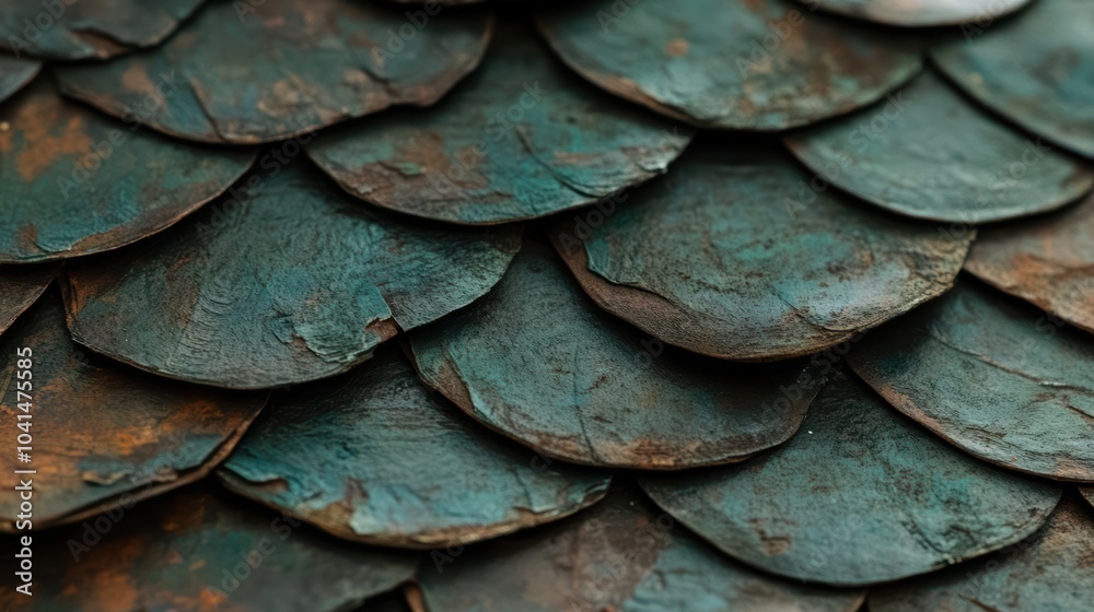 Fototapeta premium Intricate Teal Scales: A close-up macro shot of textured, overlapping teal scales, creating an organic, intricate pattern. The image evokes a sense of mystery and beauty.