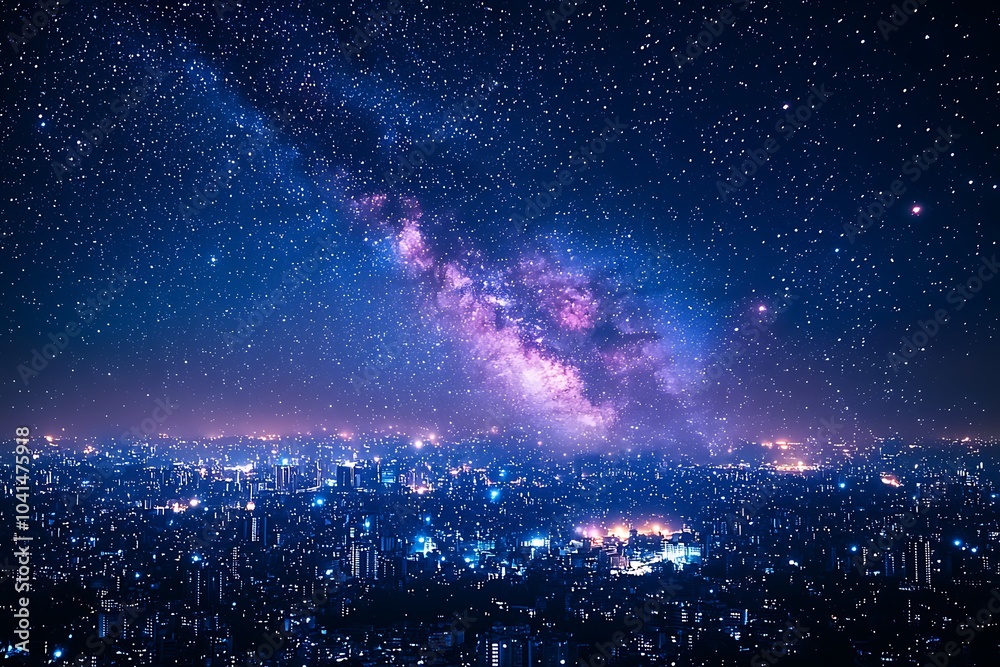 Milky Way Galaxy Shining Above City Lights at Night, A Breathtaking View of the Cosmos Milky Way Galaxy Shining Above City Lights at Night, A Breathtaking View of the Cosmos
