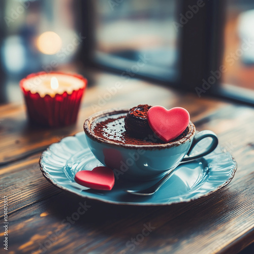 Cup of coffee with chocolate on Valentine Day photo