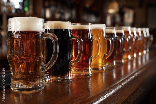 A row of glasses with different types and sizes of beer, arranged on the bar counter in an old-fashioned pub or restaurant.  photo