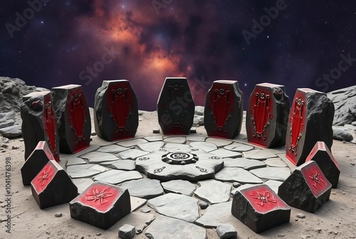 Klingon Ritual Stones Qo'noS A circle of jagged rocks stained cr photo