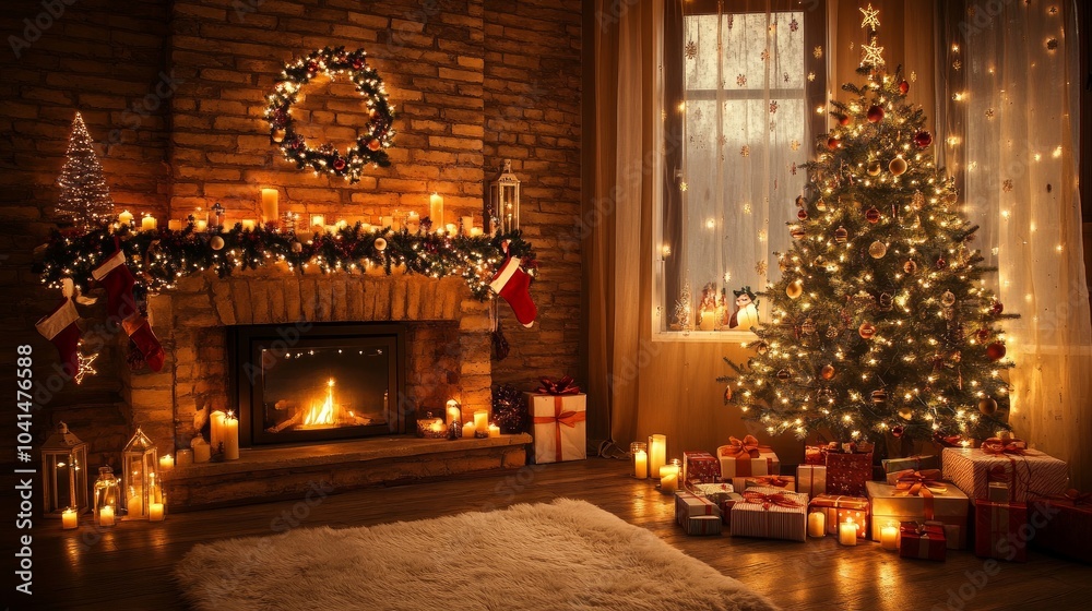 Fototapeta premium pleasant, nice evening in luxury Interior design of a Christmas room, a lit-up Christmas tree, and gifts fireplace lights, lanterns, candles, toys, and garland.living room for a holiday. Holidays.